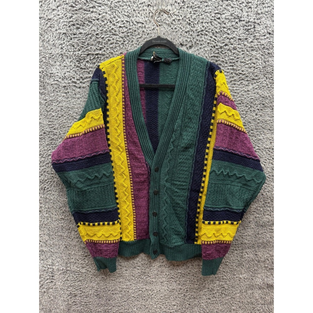 Vintage Jed Wear Wool Blend V-Neck Cardigan‎ Sweater Multicolor Mens Size L